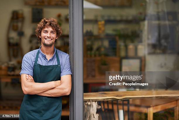 it's the best cafe in town - apron man stock pictures, royalty-free photos & images