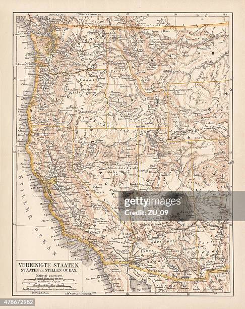 ilustraciones, imágenes clip art, dibujos animados e iconos de stock de estados unidos de américa, west coast, publicado en 1878 - oregón estado de los ee uu