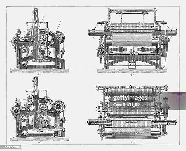 power loom, wood engravings, published in 1878 - loom stock illustrations