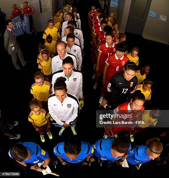 Players of USA and China are seen in the tunnel prior to the FIFA Women's World Cup 2015 Quarter Final match between China and United States at...