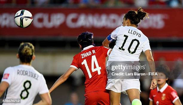 Carli Lloyd of USA heads her teams first goal during the FIFA Women's World Cup 2015 Quarter Final match between China and United States at Lansdowne...