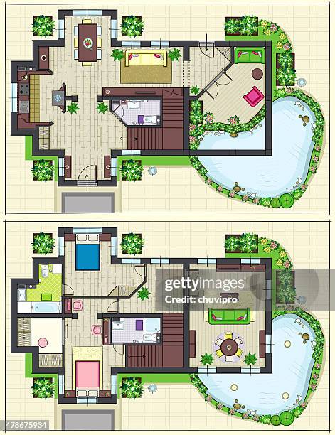 house top plan of ground and second floors - indoor pool stock illustrations