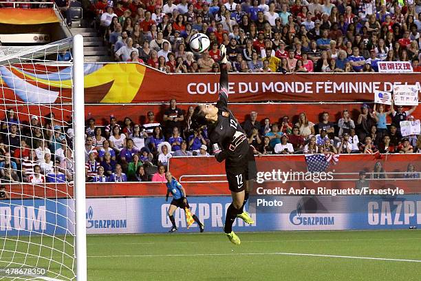 Wang Fei of China leaps to make a save in the second half against the United States in the FIFA Women's World Cup 2015 Quarter Final match at...