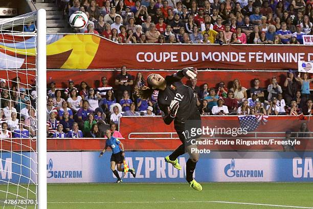 Wang Fei of China leaps to make a save in the second half against the United States in the FIFA Women's World Cup 2015 Quarter Final match at...