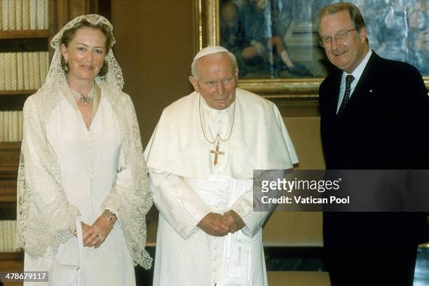 Pope John Paul II meets Queen Paola of Belgium and King Albert of Belgium at his private library in the Apostolic Palace on May 15, 1998 in Vatican...