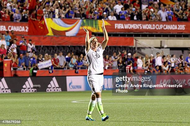 Abby Wambach of the United States acknowledges the crowd after defeating China 1-0 in the FIFA Women's World Cup 2015 Quarter Final match at...