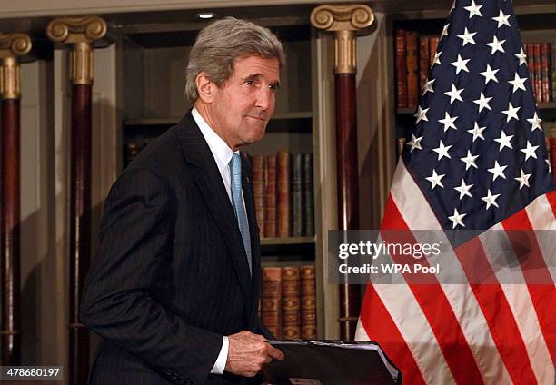 Secretary of State John Kerry holds a press conference at the Churchill hotel after his meeting with Russian Foreign Minister Sergey Lavrov on March...