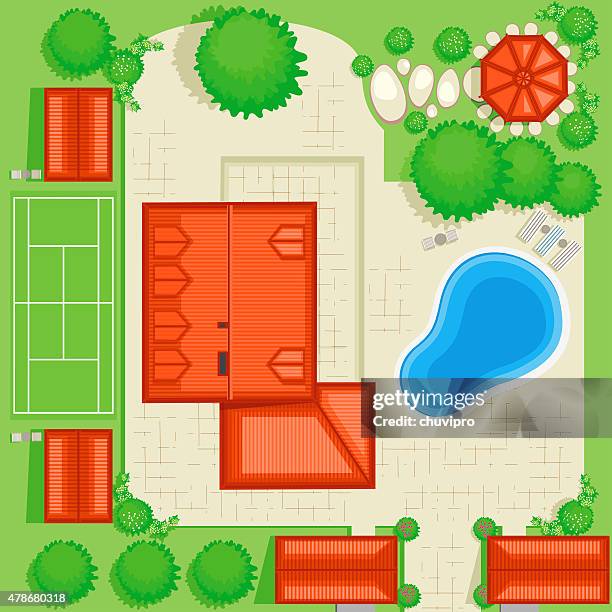 residential haus-plan mit swimmingpool und tennisplatz - sports hall stock-grafiken, -clipart, -cartoons und -symbole