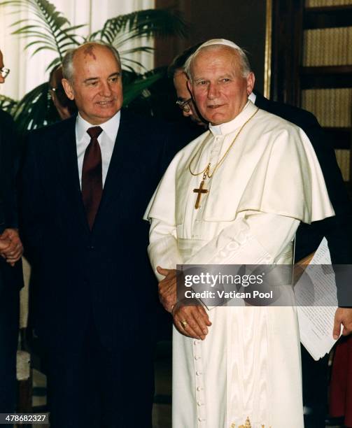 Pope John Paul II meets Soviet Leader Mikhail Gorbachev at his private library in the Apostolic Palace on December 1, 1889 in Vatican City, Vatican.