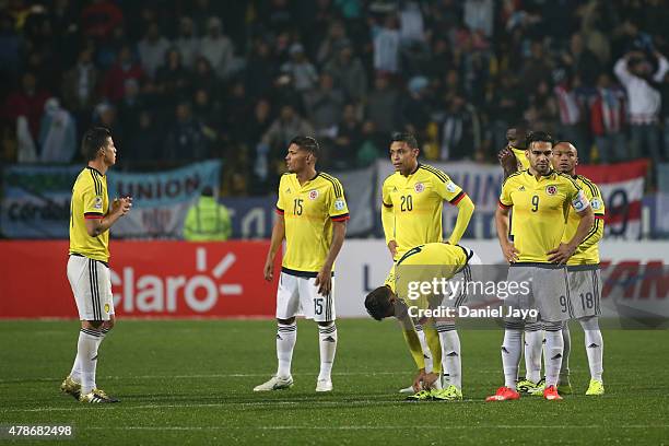 Players of Colombia look dejected after the 2015 Copa America Chile quarter final match between Argentina and Colombia at Sausalito Stadium on June...