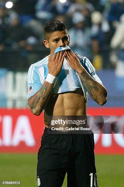 Marcos Rojo of Argentina kisses his jersey after the 2015 Copa America Chile quarter final match between Argentina and Colombia at Sausalito Stadium...