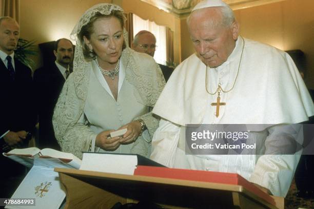 Pope John Paul II meets Queen Paola of Belgium at his private library in the Apostolic Palace on May 15, 1998 in Vatican City, Vatican.