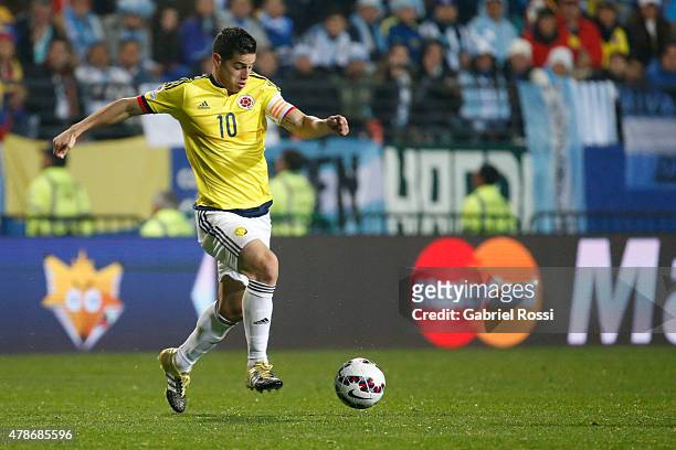 James Rodriguez of Colombia in full flow during the 2015 Copa America Chile quarter final match between Argentina and Colombia at Sausalito Stadium...