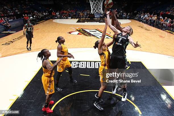 Carolyn Swords of the New York Liberty goes to the basket against the Tulsa Shock on June 26, 2015 at the BOK Center in Tulsa, Oklahoma. NOTE TO...