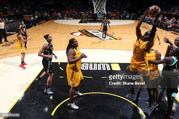 Karima Christmas of the Tulsa Shock grabs the rebound against the New York Liberty on June 26, 2015 at the BOK Center in Tulsa, Oklahoma. NOTE TO...