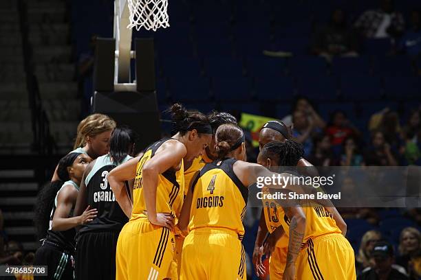 The Tulsa Shock huddle during the game against the New York Liberty on June 26, 2015 at the BOK Center in Tulsa, Oklahoma. NOTE TO USER: User...