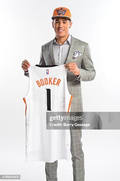 The Phoenix Suns 2015 first road draft pick Devin Booker poses for a portrait on June 26, 2015 at US Airways Center in Phoenix, Arizona. NOTE TO...