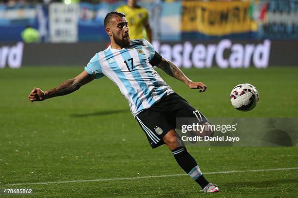 Nicolas Otamendi of Argentina kicks the ball during the 2015 Copa America Chile quarter final match between Argentina and Colombia at Sausalito...