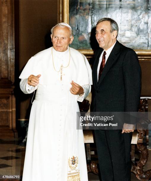 Pope John Paul II meets Polish journalist, Christian-democratic politician, and Member of Sejm of the Republic of Poland Tadeusz Mazowiecki at his...