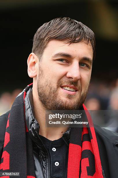 Australian basketballer Andrew Bogut looks on during the round 13 AFL match between the Hawthorn Hawks and the Essendon Bombers at Melbourne Cricket...