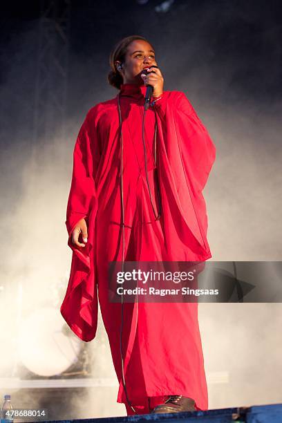 Seinabo Sey performs onstage during the second day of the Bravalla Festival on June 26, 2015 in Norrkoping, Sweden.