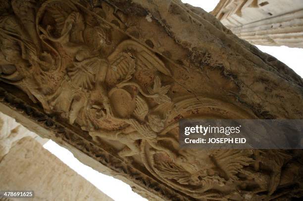 Picture taken on March 14, 2014 shows carvings on a wall in the courtyard of the sanctury of Baal in the ancient oasis city of Palmyra, 215...