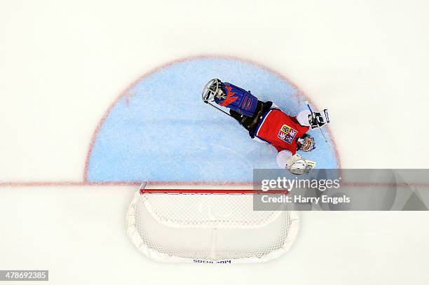 Czech Republic goalkeeper Michal Vapenka celebrates after teammate Michal Geier scored their second goal during the Ice Sledge Hockey classifications...