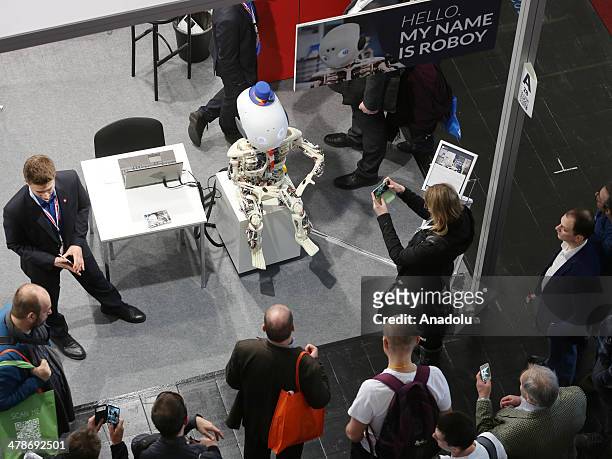 Humanoid robot, Roboy is seen at the 2014 CeBIT technology trade fair on March 10, 2014 in Hanover, Germany. Roboy is designed to have the appearance...