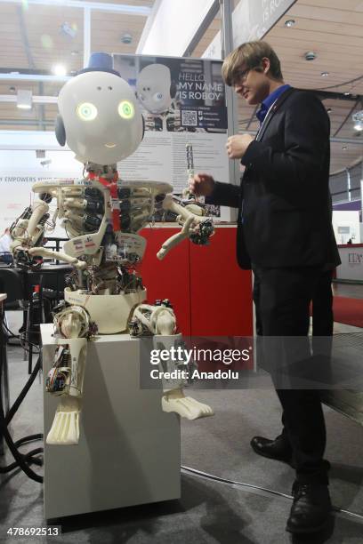 Humanoid robot, Roboy is seen at the 2014 CeBIT technology trade fair on March 10, 2014 in Hanover, Germany. Roboy is designed to have the appearance...