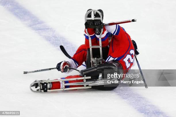Michal Geier of Czech Republic celebrates with teammate Pavel Kubes after scoring his team's third goal during the Ice Sledge Hockey classifications...