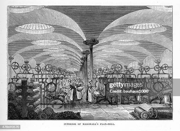 interior of marshall’s flax mill, leeds, england victorian engraving - textile industry uk stock illustrations