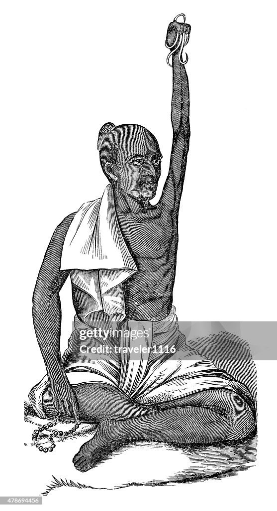 Hindu Religious Man Holding Hand Above Head For Years