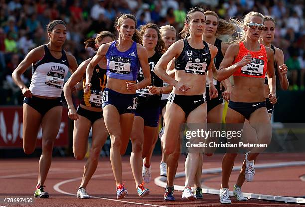 Stephanie Brown, Shannon Rowbury and Morgan Uceny lead the pack as they compete in the Women's 1,500 Meter Run during day two of the 2015 USA Outdoor...