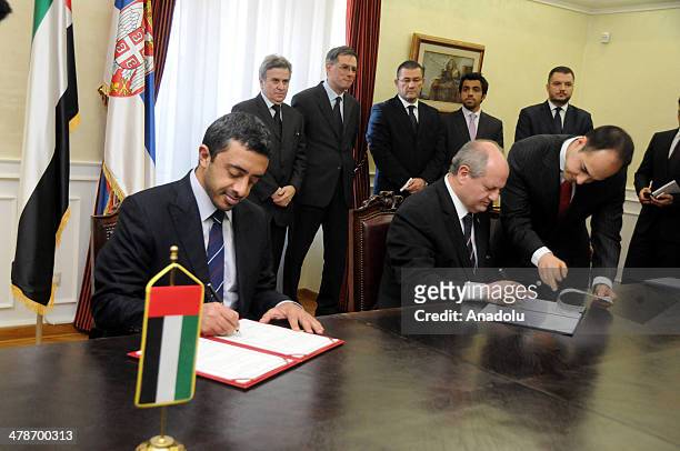 United Arab Emirates Foreign Minister Abdullah bin Zayed Al Nahyan and Serbian foreign Minister Ivan Mrkic sign an agreement to lift visa...