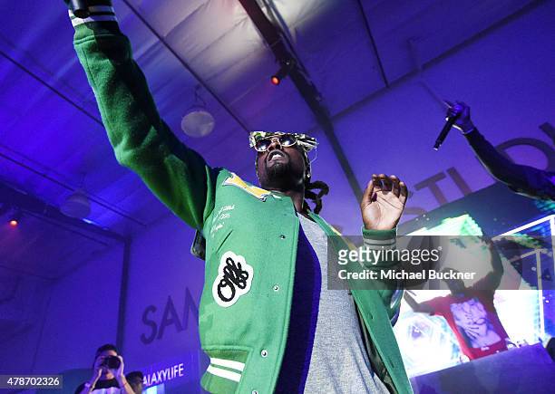Rapper Wale performs onstage at a Roc Nation curated Samsung exclusive concert at Samsung Studio LA on June 26, 2015 in Los Angeles, California.