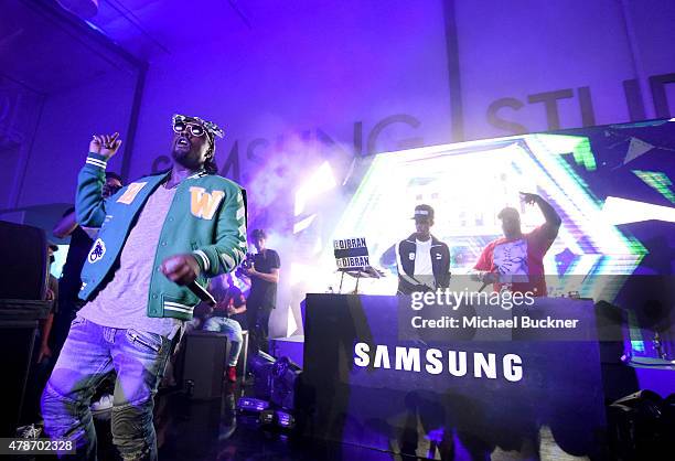 Rapper Wale performs onstage at a Roc Nation curated Samsung exclusive concert at Samsung Studio LA on June 26, 2015 in Los Angeles, California.