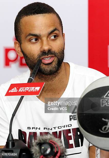 Star Tony Parker receives interview during his visit in China on June 26, 2015 in Shaoxing, Zhejiang province of China.
