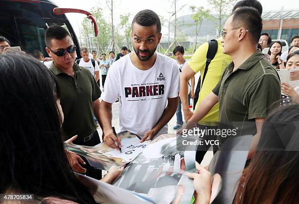 Star Tony Parker visits China on June 26, 2015 in Shaoxing, Zhejiang province of China.