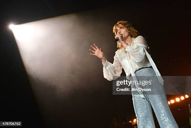 Florence Welch of Florence And The Machine performs live on the Pyramid stage during the first day of the Glastonbury Festival at Worthy Farm, Pilton...