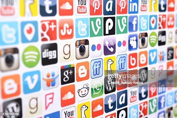 social media logo and icons - google social networking service stock pictures, royalty-free photos & images