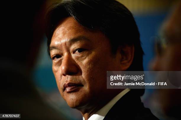 President Eduardo Li talks to the media during a FIFA U17 Womens World Cup press conference at the Hotel Intercontinental on March 14, 2014 in San...