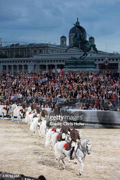 Presentation of the Spanish Riding School Lippizaner Horses at the gala event 450 years Spanische Hofreitschule on June 26, 2015 in Vienna, Austria.