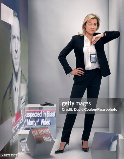 French journalist Anne-Sophie Lapix is photographed for Madame Figaro as Carrie Mathison for "Homeland" on January 17, 2014 in Paris, France. Jacket,...