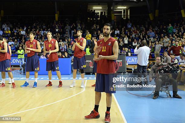 Juan Carlos Navarro, #11 of FC Barcelona, is honoreed for his record of 253 games played in the Euroleague before the 2013-2014 Turkish Airlines...