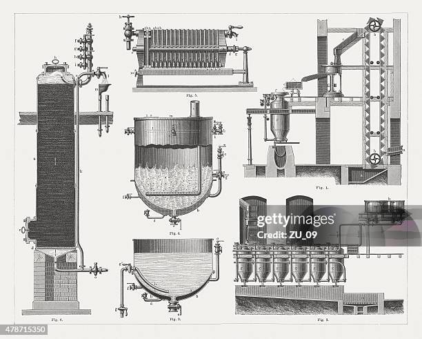 sugar production, wood engravings, published in 1878 - breaking new ground photos stock illustrations