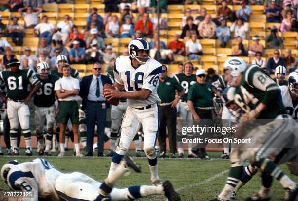 Roman Gabriel of the Los Angeles Rams drops back to pass against the New York Jets during an NFL football game November 15, 1970 at The Los Angeles...