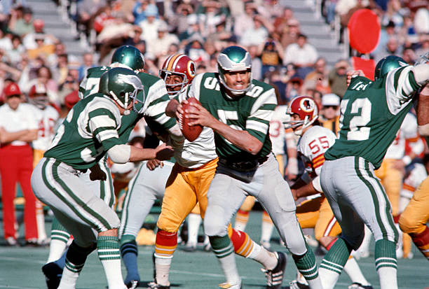 Quarterback Roman Gabriel of the Philadelphia Eagles drops back to pass against the Washington Redskins during an NFL football game at Veterans...