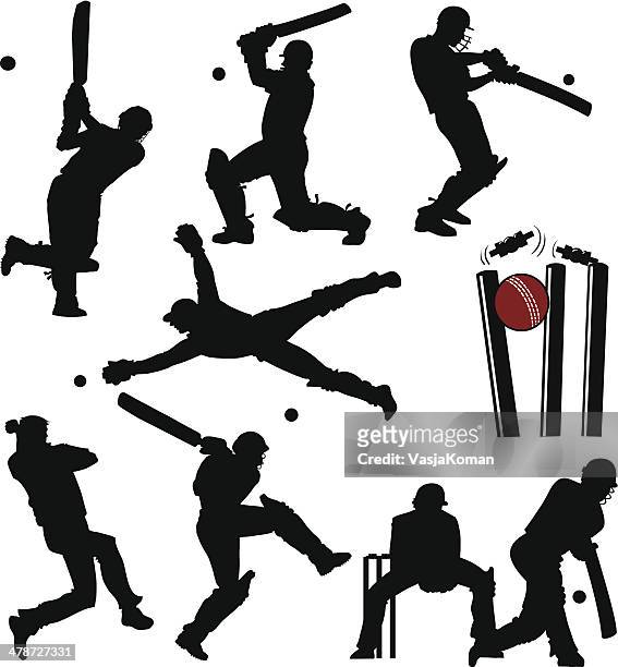 ilustraciones, imágenes clip art, dibujos animados e iconos de stock de siluetas de los jugadores de críquet - críquet