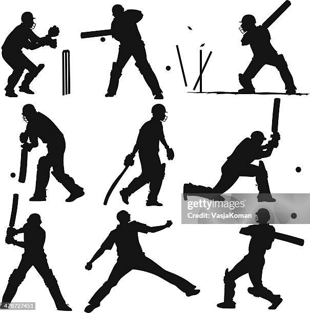 silhouettes of cricket players - cricket bat stock illustrations