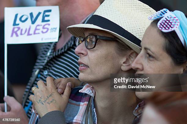 Amy Snow and Christelle Snow , who married in April, celebrate of the Supreme Court ruling on same-sex marriage on June 26, 2015 in West Hollywood,...